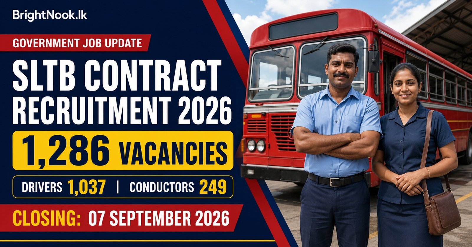 SLTB Contract Recruitment 2026 – 1,286 Driver and Conductor vacancies closing 7 September 2026.