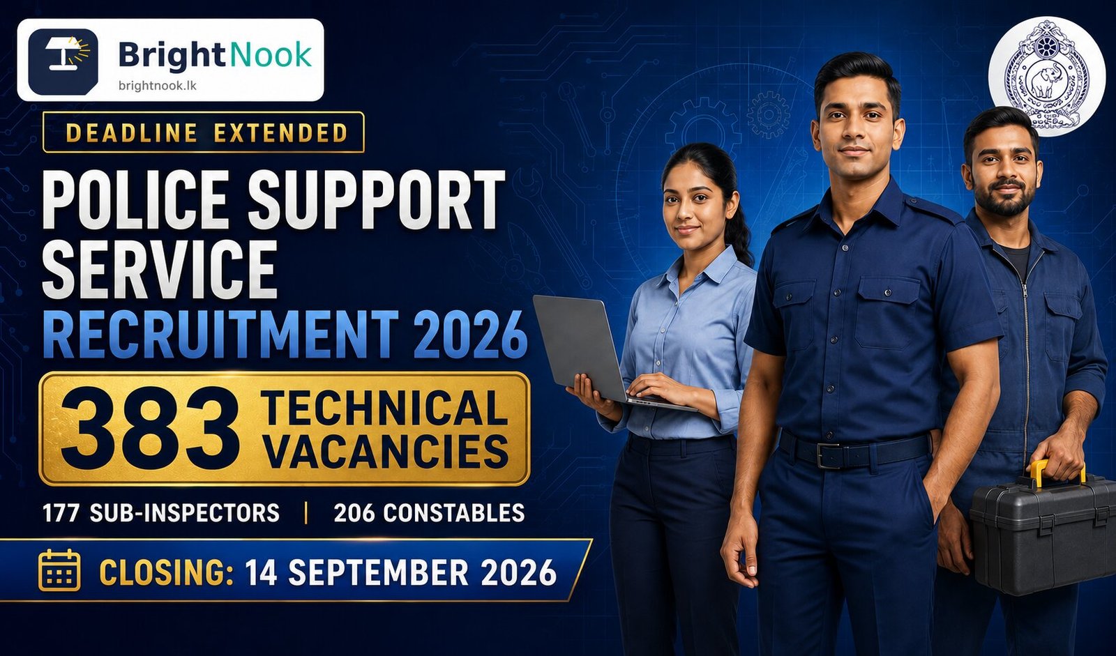 Sri Lanka Police Support Service Recruitment 2026 – 383 technical vacancies closing 14 September 2026.