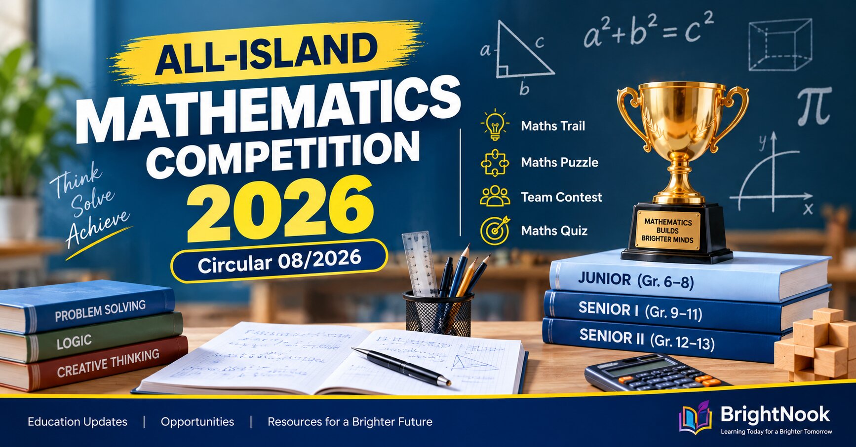 All-Island Mathematics Competition 2026 featured image with Circular 08/2026, mathematics formulas, books, calculator and trophy.
