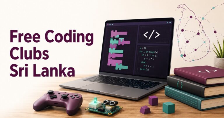 Laptop with coding blocks, electronics, books and a Sri Lanka network map representing free Code Club sessions.