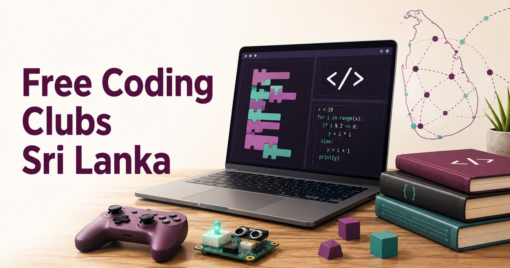 Laptop with coding blocks, electronics, books and a Sri Lanka network map representing free Code Club sessions.