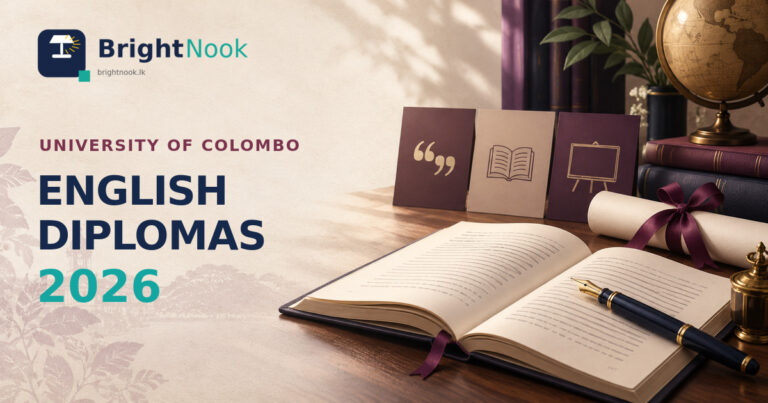 University of Colombo English Diplomas 2026 featured image with books, diploma scroll and BrightNook branding.